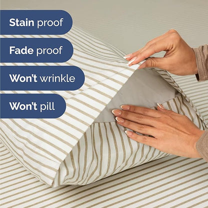 Twin 4 Piece Sheet Set - Comfy Breathable & Cooling - Soft Hotel Luxury Bedding Set with 8-16 Inch Deep Pockets - 1 Flat & 1 Fitted Sheet & 2 Pillowcases - Wrinkle Free & Easy Care - Beige Stripes 2