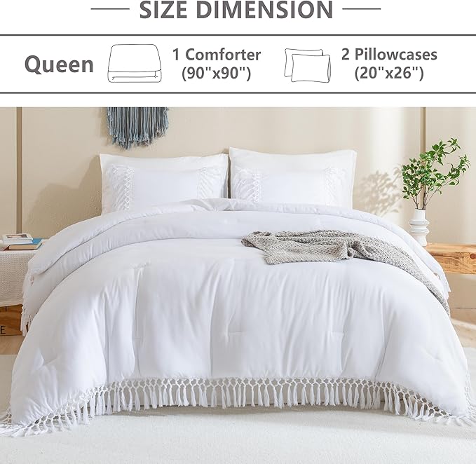 Andency White Comforter Set Queen, 3 Pieces Boho Tassel Lightweight Soft Bedding Comforter Sets, All Season Fluffy Fringe Bed Set (90x90In Comforter & 2 Pillowcases)