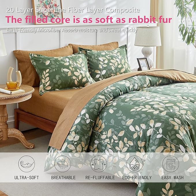 AIKASY 7-Piece Comforter Set Bed in a Bag, Queen Size, Green Leaf Pattern - Bedding Set with Comforter, Pillow Shams, Fitted Sheet, and Pillowcases - Soft and Cozy All-Season Bedding (Green)