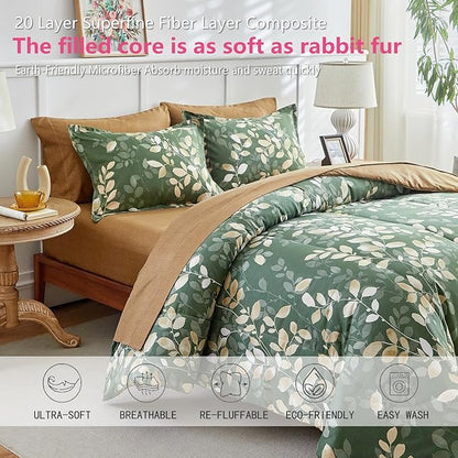 AIKASY 7-Piece Comforter Set Bed in a Bag, Queen Size, Green Leaf Pattern - Bedding Set with Comforter, Pillow Shams, Fitted Sheet, and Pillowcases - Soft and Cozy All-Season Bedding (Green)