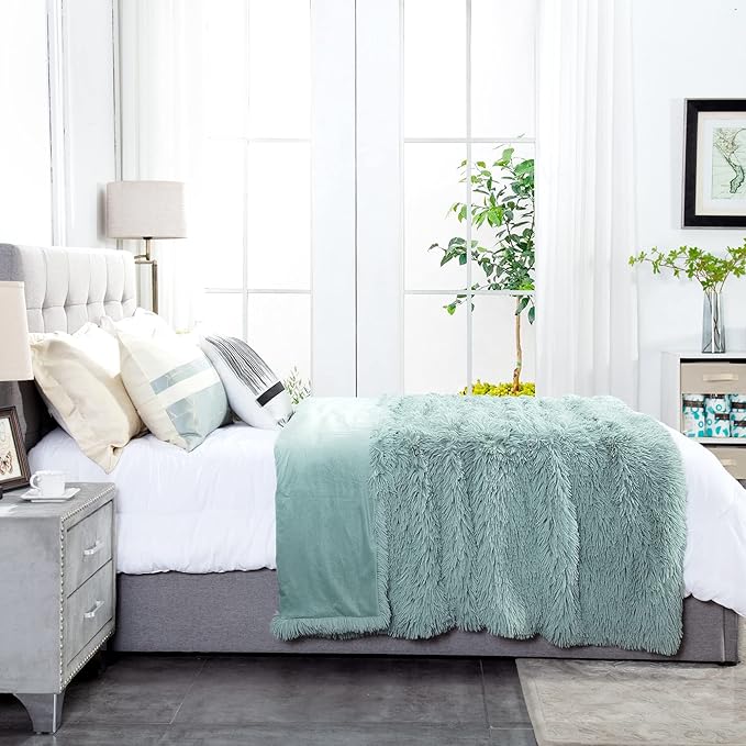 JONIYEAR Oversized Decorative Fluffy Faux Fur Throw Blanket Twin Size 60" x 71", Soft Luxury Lightweight Furry Blankets, Accent Cozy Shaggy Plush Thick Warm Fuzzy Blankets for Winter Bed Couch, Aqua