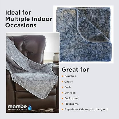 Mambe Silky Waterproof Throw for Protecting Furniture Bed Couch from Stains Caused by Dogs, Cats, Incontinence. Soft, Washable, Reversible. (Size Large 70x90 inches, Color Serene)
