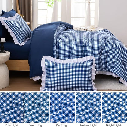 A Nice Night Comforter 5Pcs Full Size,Navy Ruffle Comforter for Dorm Room Essentials for Twin Bed,Plaid Checkered Chic Bedding Bed in a Bag for Girls