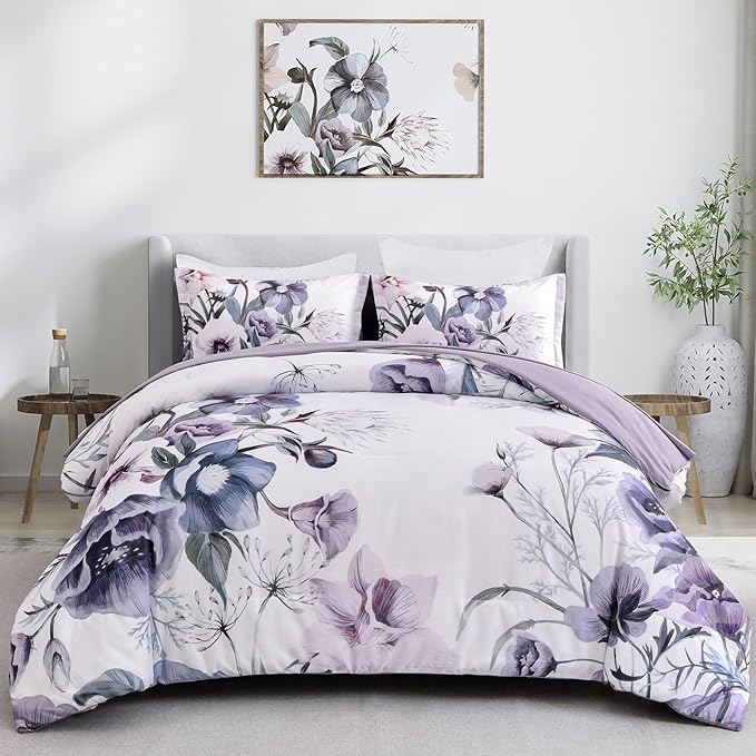 Drucon Floral Comforter Set Queen Size 3 Piece Purple Floral Bed in a Bag, Soft Microfiber Bedding Set for All Season (Purple, 90"x90")