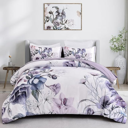 Drucon Floral Comforter Set Queen Size 3 Piece Purple Floral Bed in a Bag, Soft Microfiber Bedding Set for All Season (Purple, 90"x90")