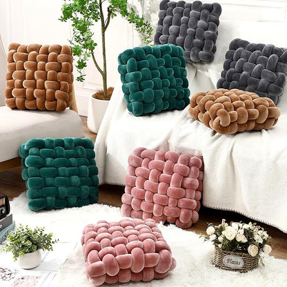 Wenqik 2 Pcs Knot Pillows Square Knotted Plush Throws Soft Accent Pillows Decoration Cushion for Couch Home Office Living Room Bedroom Bed Sofa Decor, 12'' x 13''(Brown,Crystal Velvet)