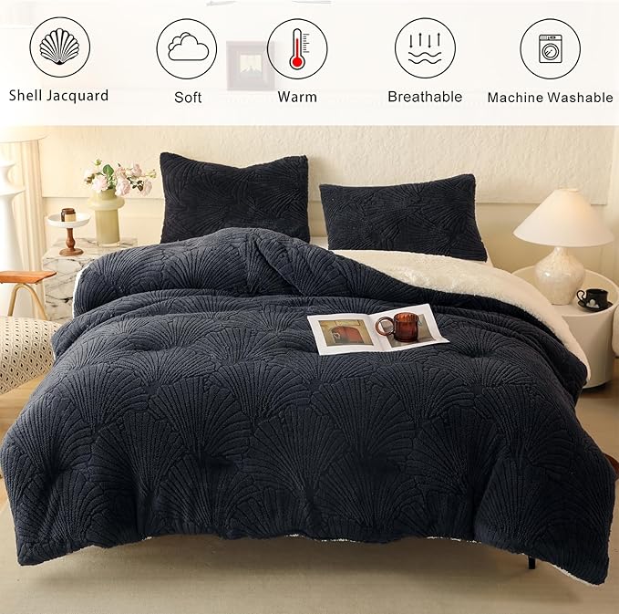 Seashell Jacquard Sherpa Comforter Set Warm Cozy Premium Bedding 3 Pieces, Full/Queen Size Geometric Pattern Quilt Comforter with 2 Pillowcases(90"X90" Grey)