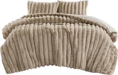 Madison Park Jasmine King Comforter Set, Luxurious Reversible Faux Fur Plush Ribbed Velvet Bedding, Fuzzy Thick Warm Winter Comforter, Super Soft Fluffy 3-Piece Set Taupe
