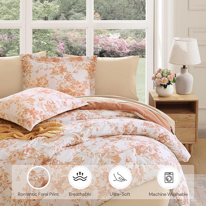 Queen Comforter Set -7 Pieces Autumn Leaf Floral Comforter Set for All Seasons, Bed in a Bag Queen with Botanical Flowers Comforter, Sheets, Pillowcases & Shams