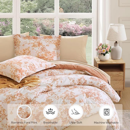Queen Comforter Set -7 Pieces Autumn Leaf Floral Comforter Set for All Seasons, Bed in a Bag Queen with Botanical Flowers Comforter, Sheets, Pillowcases & Shams