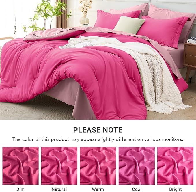 MUXHOMO 7 Pieces King Comforter Set, Soft Bed in a Bag King Size, All Season Bedding Set with Comforter, Flat Sheet, Fitted Sheet, Pillowcases & Shams, Hot Pink & Baby Pink