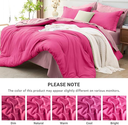MUXHOMO 7 Pieces King Comforter Set, Soft Bed in a Bag King Size, All Season Bedding Set with Comforter, Flat Sheet, Fitted Sheet, Pillowcases & Shams, Hot Pink & Baby Pink