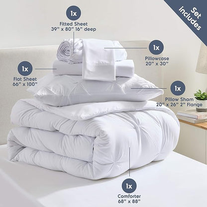 Nestl Twin XL Comforter Set 5 Piece - Pintuck Twin XL Bedding Set White, College Dorm Room Essentials Bed in a Bag, Twin XL Comforter Set for College Girls and Boys with Sheets, Pillowcase and Sham