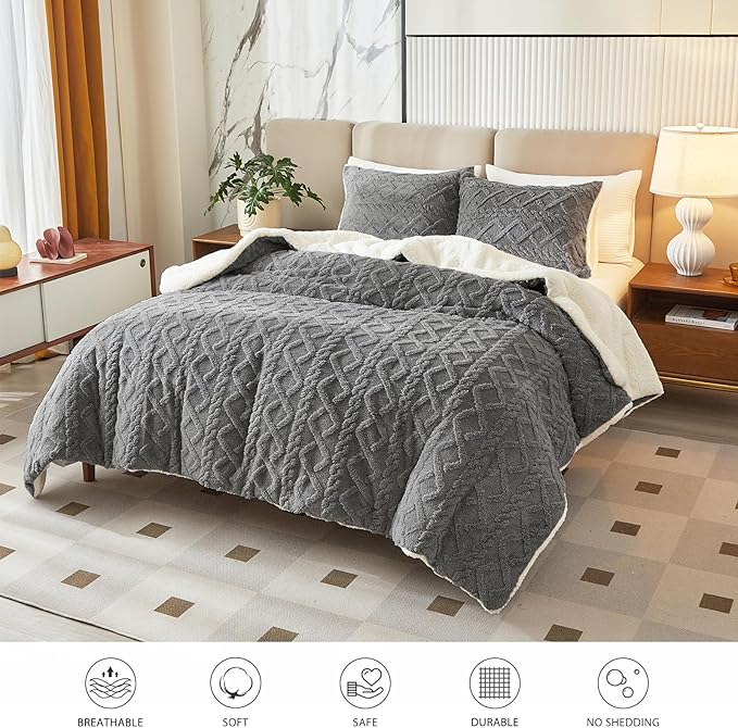 Joyreap 3-Piece Fluffy Faux Fur Sherpa Comforter Set Gray, Twin Size Luxury Tufted Bedding Comforter Set, All Season Soft n Cozy Plush Comforter Bed Set- 68x86 inches