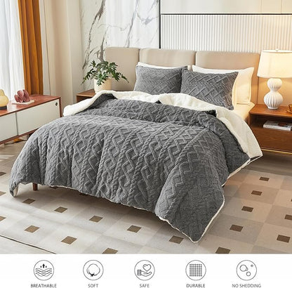 Joyreap 3-Piece Fluffy Faux Fur Sherpa Comforter Set Gray, King Size Luxury Tufted Bedding Comforter Set, All Season Soft n Cozy Plush Comforter Bed Set- 100x88 inches