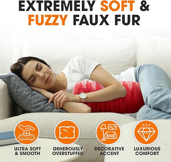 Cheer Collection Faux Fur Bolster Pillows – Soft Decorative Cylinder Pillows for Bed or Couch, Machine Washable – 8” x 24”, Set of 2, Maroon