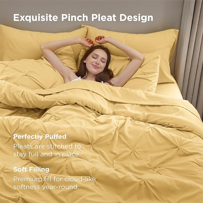 Bedsure Queen Comforter Set Yellow - Bed in a Bag Queen 7 Pieces, Pintuck Bedding Sets Gift for Christmas, Pinch Pleat Bed Set with Queen Size Comforter, Sheets, Pillowcases & Shams