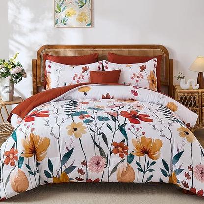 Anibedding 8Pieces King Size Comforter Set, Orange Watercolor Floral Queen Size Bed in a Bag Comforter Set with Pillowcase, Sheets for All Season