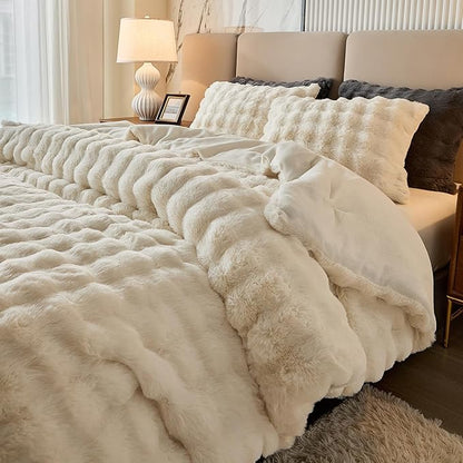 Full Faux Rabbit Fur Comforter Set - 3 Pieces Fluffy Bedding Set Ultra Soft Warm Shaggy Winter Flannel Bed Set, Luxury Skin Friendly Sherpa Comforter Set & Pillow for Thanksgiving Cream White Beige