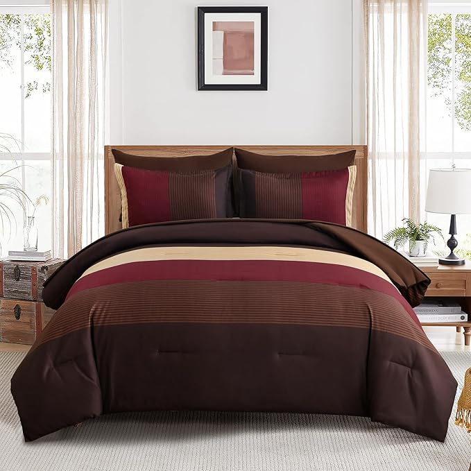 Anibedding Red and Brown Comforter Set King Size, Boho Burgundy Striped Bedding Comforter Set 7 Piece Bed in a Bag, Soft Microfiber Down Alternative Farmhouse Bedding Set for All Season(104"x90")
