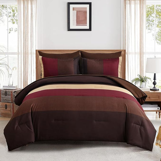 Anibedding Red and Brown Comforter Set King Size, Boho Burgundy Striped Bedding Comforter Set 7 Piece Bed in a Bag, Soft Microfiber Down Alternative Farmhouse Bedding Set for All Season(104"x90")