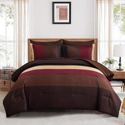 Anibedding Red and Brown Comforter Set Queen Size, Boho Burgundy Striped Bedding Comforter Set 7 Piece Bed in a Bag, Soft Microfiber Down Alternative Farmhouse Bedding Set for All Season(90"x90")