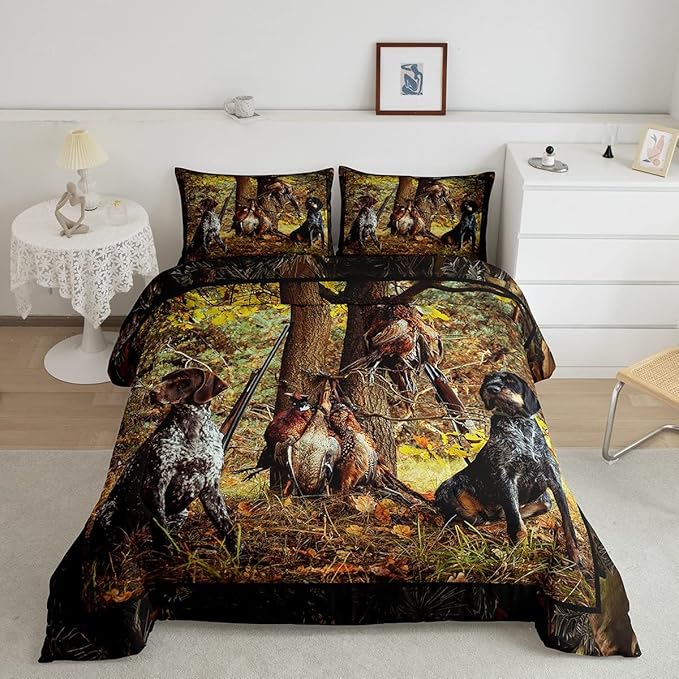 Erosebridal Pheasant Hunting Comforter Set King Size Black Dog Bedding Set Boho Farmhouse Wild Animals Down Comforter Woodland Leaves Hunter Gun Room Decor Quilt Set for Men Boys Adults Kid
