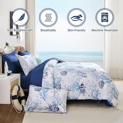 WONGS BEDDING Coastal King Size Comforter,7 Pieces Beach Nautical Themed Bed in a Bag Bedding Set,Ocean Coral Starfish Pattern Soft Comforters for All Season, 96 * 104"