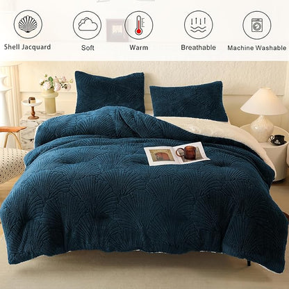 Seashell Jacquard Sherpa Comforter Set Warm Cozy Premium Bedding 3 Pieces, Full/Queen Size Geometric Pattern Quilt Comforter with 2 Pillowcases(90"X90" Dark Blue)
