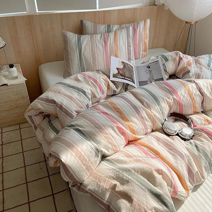 VM VOUGEMARKET Rainbow Striped Comforter Set Full Vertical Stripes Cotton Bedding Comforter with 2 Pillowcases Modern Cozy Lightweight for Girls Women(Orange/Pink/Green/Coffee)
