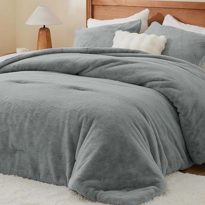 BEDELITE Faux Fur Fleece King Comforter Set - Fluffy & Warm Grey Comforter King Size，Ultra Soft and Cozy Winter Bedding Set,Fuzzy Thick Bed Set,1 Comforter and 2 Pillowcases