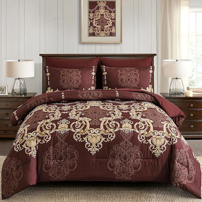 Mybedsoul Burgundy Queen Comforter Set, 7 Pieces Boho Bed in a Bag for Queen Bed, Damask Comforter with Sheets Pillowcases, Soft Microfiber Lightweight Bedding Sets for All Season(90"x90")