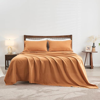 Simple&Opulence Belgian Linen Sheet Set Solid Color -Sheet Set 4PC - Cal King Natural Flax Cotton Blend Soft Breathable Farmhouse Bedding - California King, Rust