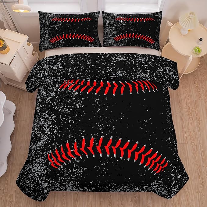 NINENINE Black Baseball Bedding Set Queen, 3D Printed Baseball Boys Comforter Sets Queen, 3 Pieces Kids Sports Comforter Set for Boys Teens with 2 Pillowcases