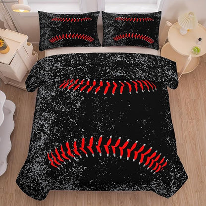 NINENINE Black Baseball Bedding Set Queen, 3D Printed Baseball Boys Comforter Sets Queen, 3 Pieces Kids Sports Comforter Set for Boys Teens with 2 Pillowcases