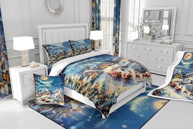 Christmas Santa Claus Comforter Set Full Size,Xmas Tree Elk Sledge Bedding Set 3Pcs,Winter Rustic Country Quilt Set Kids Girls Boys Room Decor,Night Snow Scenery Duvet Insert,2 Pillowcases