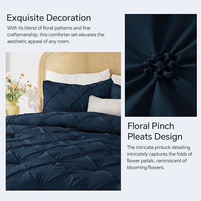 BEDELITE Navy King Size Comforter Set - 3 Pieces Boho Pintuck Bedding Comforter Sets, Lightweight Soft & Warm King Bedding Set with 2 Pillowcases for All Season