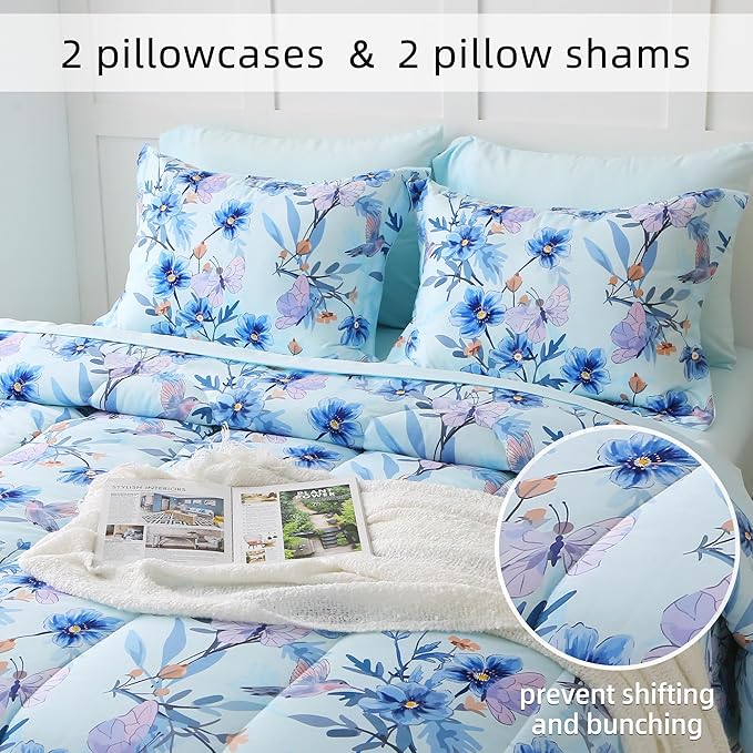 Floral King Comforter Set with Sheets, 7 Piece Luxury Vintage Bedding, Soft Microfiber Bed in a Bag, Cozy Lightweight Bed Set, Blue Flower Leaf Botanical