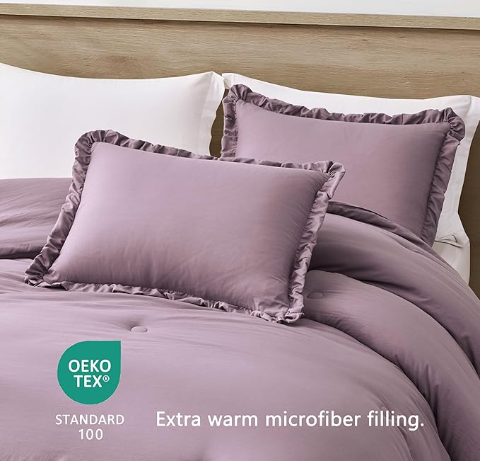 Chezmoi Collection Nora Mauve Comforter Set Full Size 3-Piece Fluffy Soft Stone-Washed Ruffled Shabby Chic Bedding for All Season