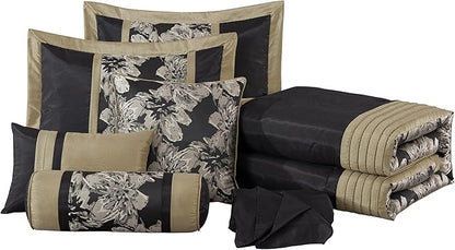 Chezmoi Collection Kelsey Comforter Set Oversized King Size, 7-Piece Black Gold Hibiscus Floral Jacquard Bedding Set