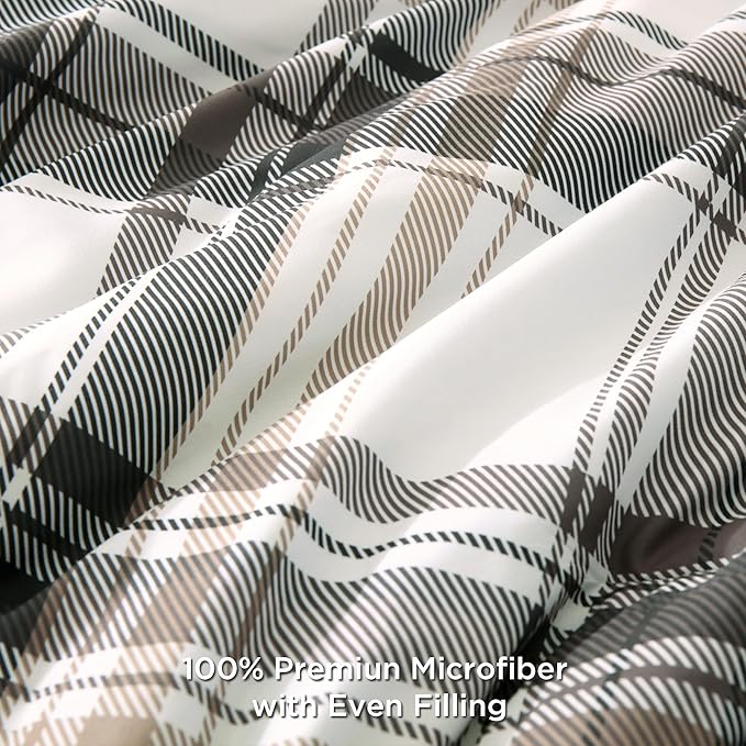 Andency Gray Brown Black Plaid Comforter Set Full(79x90Inch), 3 Pieces Grid Gingham Stripes Bedding Comforter Sets for Boys Girls Kids Teens, Preppy Geometric Line Soft Lightweight Reversible Bed Set