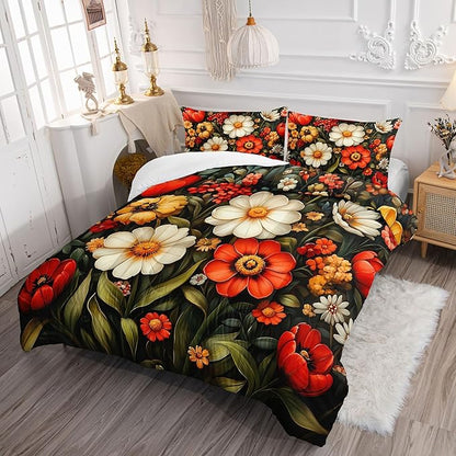 Cute Flower 3 Piece Bedding Set Queen Size，Colorful Floral Ultra Soft Microfiber Comforter Bed Set with 3-Pieces,Cute Colorful Botanical Flowers Patterned Bedroom Decor Comforter and 2 Pillow Shams