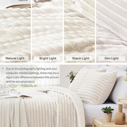 Geniospin Cream White Fleece Queen Comforter Set - 3 Pieces Faux Fur Beige Comforter Queen Size, Soft Warm Fluffy Bedding Set for All Season with 2 Pillow Cases