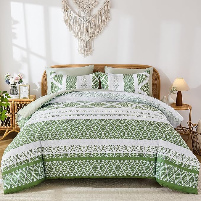 Luxudecor Green Comforter Set Queen Size 7 Pieces,Boho Aztec Comforter with Sheet Set,Geometric Striped Pattern Bed in a Bag,Soft Microfiber Bed Set 90"x90"
