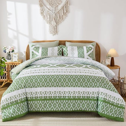 Luxudecor Green Comforter Set King Size 7 Pieces,Boho Aztec Comforter with Sheet Set,Geometric Striped Pattern Bed in a Bag,Soft Microfiber Bed Set 104"x90"