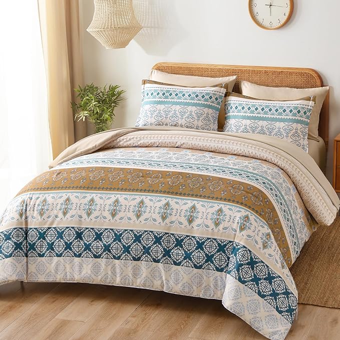 WONGS BEDDING Boho Comforter Set King, 7 Pieces Beige Striped Bed in a Bag Comforter and Sheet Set, Bohemian Floral Striped Comforte Bedding Set,Soft Microfiber Complete Set for All Seasons 104" x 90"