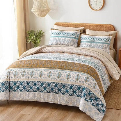 WONGS BEDDING Boho Comforter Set King, 7 Pieces Beige Striped Bed in a Bag Comforter and Sheet Set, Bohemian Floral Striped Comforte Bedding Set,Soft Microfiber Complete Set for All Seasons 104" x 90"
