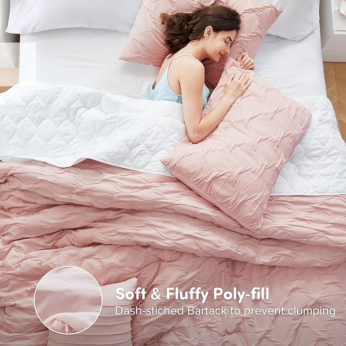 Comfort Spaces Comforter for King Size Bed, Ogee Ruched with Crinkle Texture, Breathable Comforter Set King, All Season Lightweight Bedding Set, Shams, Décor Pilow, King/Cal King Pink 4 Piece