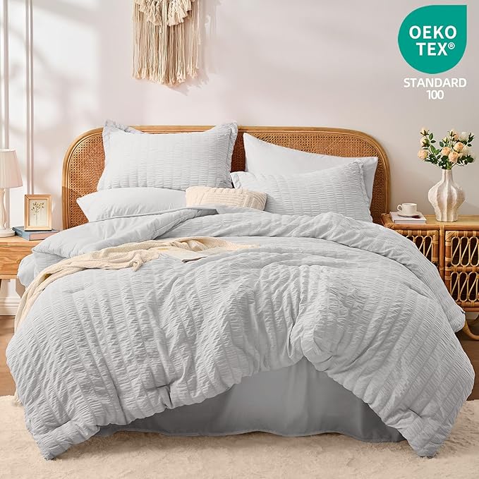 FUANNA Full Size Comforter Sets 7 Pieces, Luxury Seersucker Bed in a Bag Full for All Seasons, Soft Bed Sets with Comforter, Flat Sheet, Fitted Sheet, Pillowcases & Shams for Bedroom, Light Grey