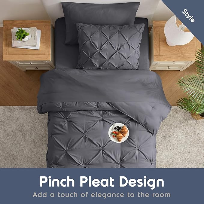 Nestl Twin Comforter Set 5 Piece - Pintuck Twin Bedding Set Dark Grey, College Dorm Room Essentials for Girls and Boys Bed in a Bag Twin All Season, Twin Comforter Set with Sheets, Pillowcase and Sham